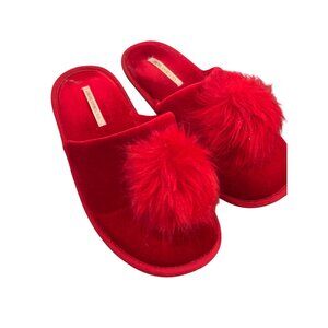 Victoria's Secret Red Faux Fur PomPom Slippers Red Sz Large Round Toe Comfort